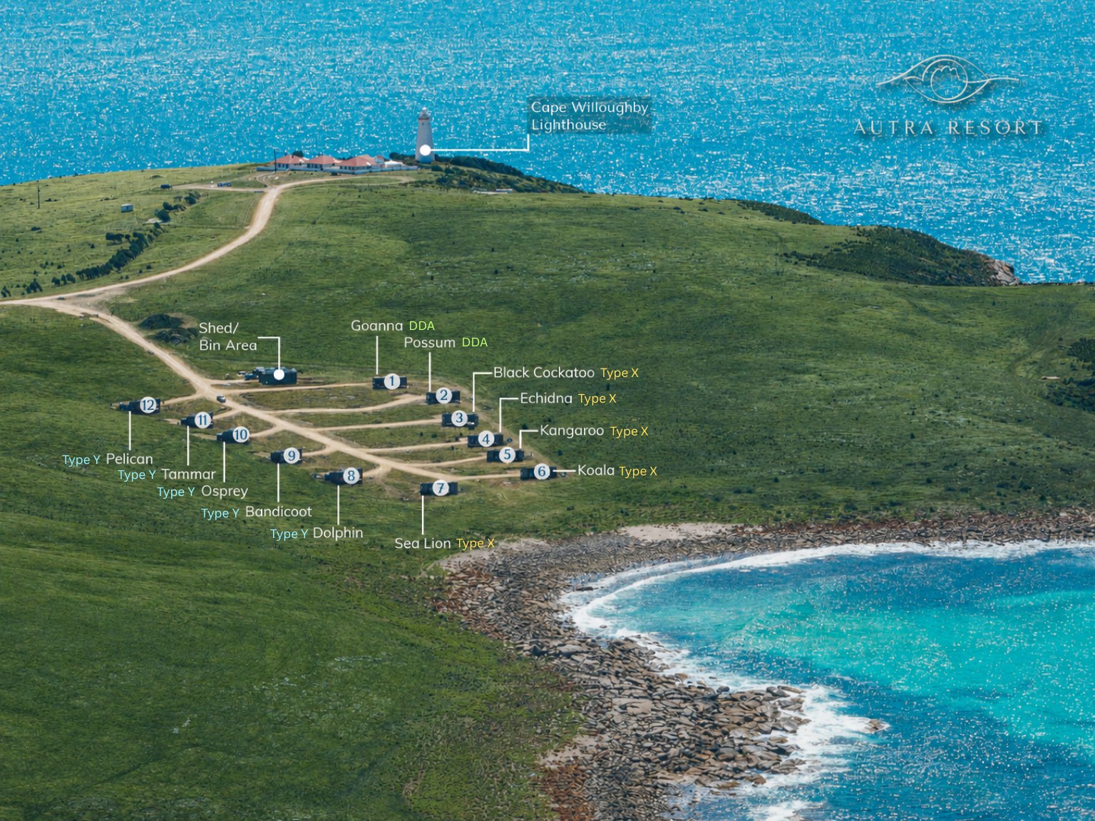 Aerial site plan of AUTRA Kangaroo Island at Cape Willoughby, with each of the twelve retreats labelled along the headland above the beach